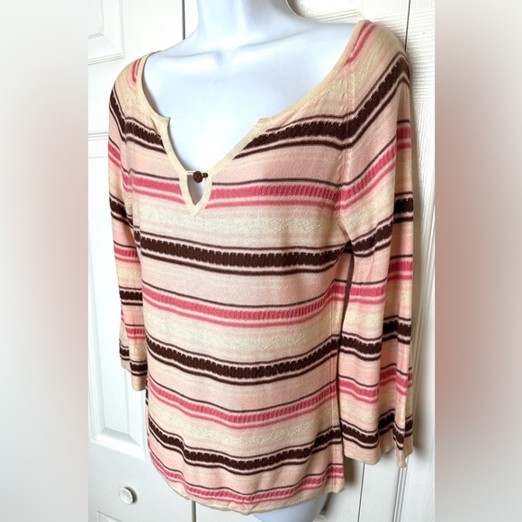Anthropologie MOTH Sweater Keyhole Button Bell Sleeve Pink Ivory Brown Knit - Picture 2 of 8